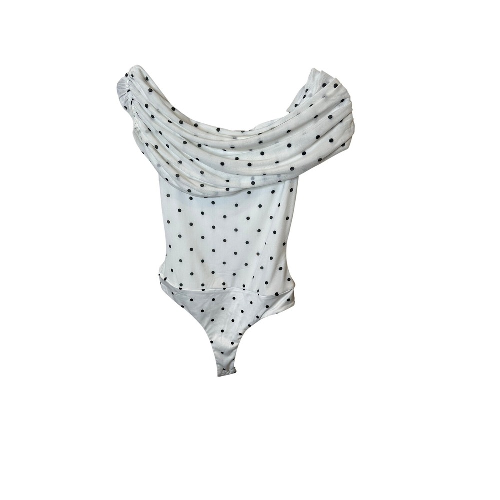 AFRM Polka Dot Off the Shoulder Draped Bodysuit White Black Size S AR003072JU24